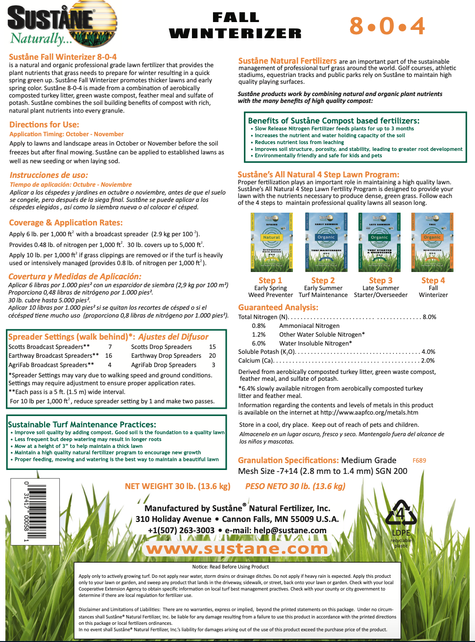 Sustane Lawn Step 4 Winterizer 30lb 8-0-4